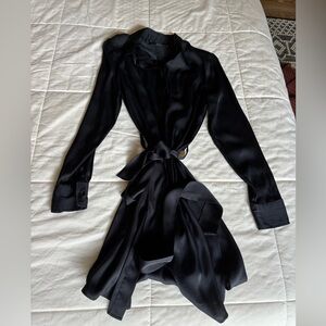 Quince washable silk black shirt dress with tie